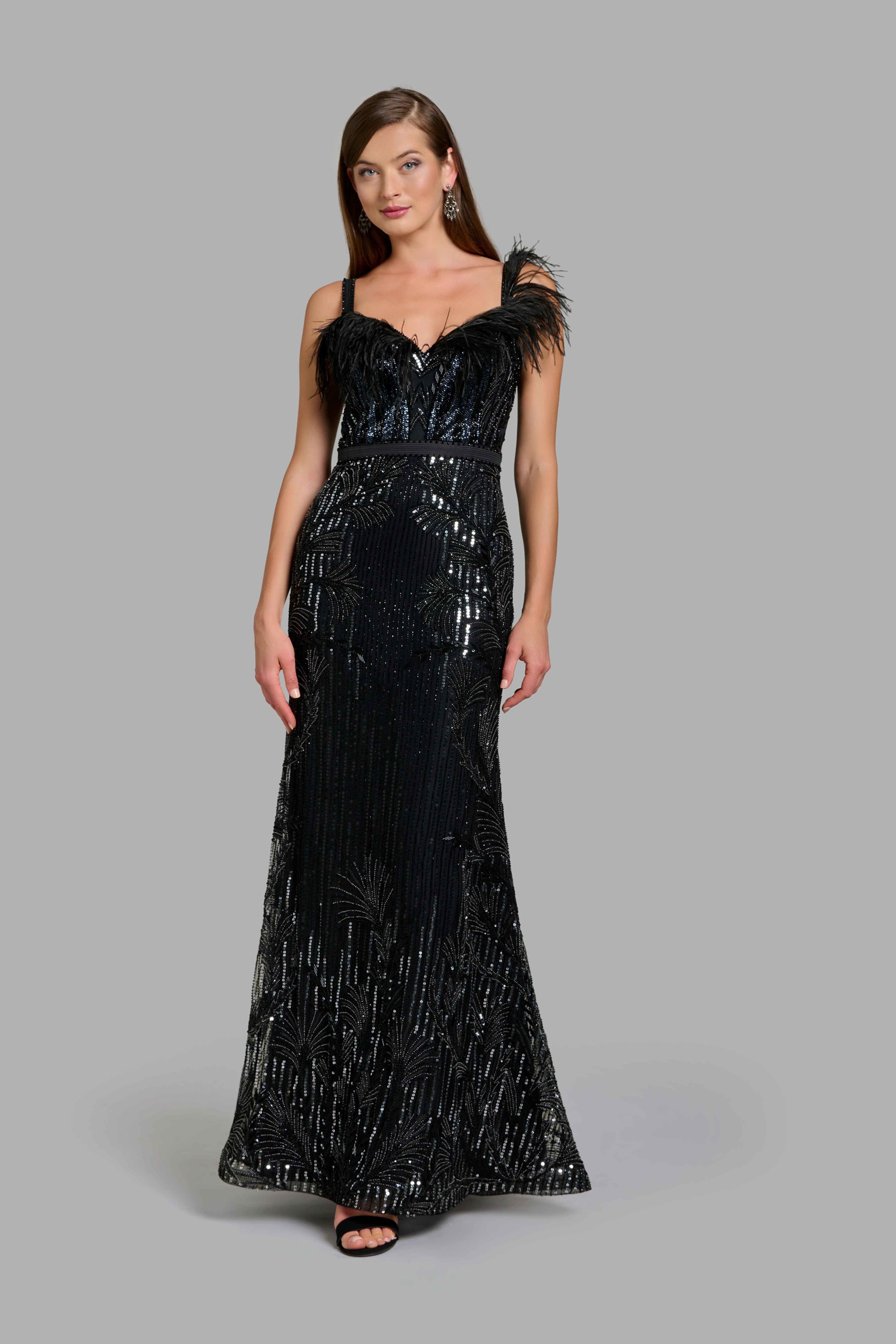 Black Embellished Column Gown