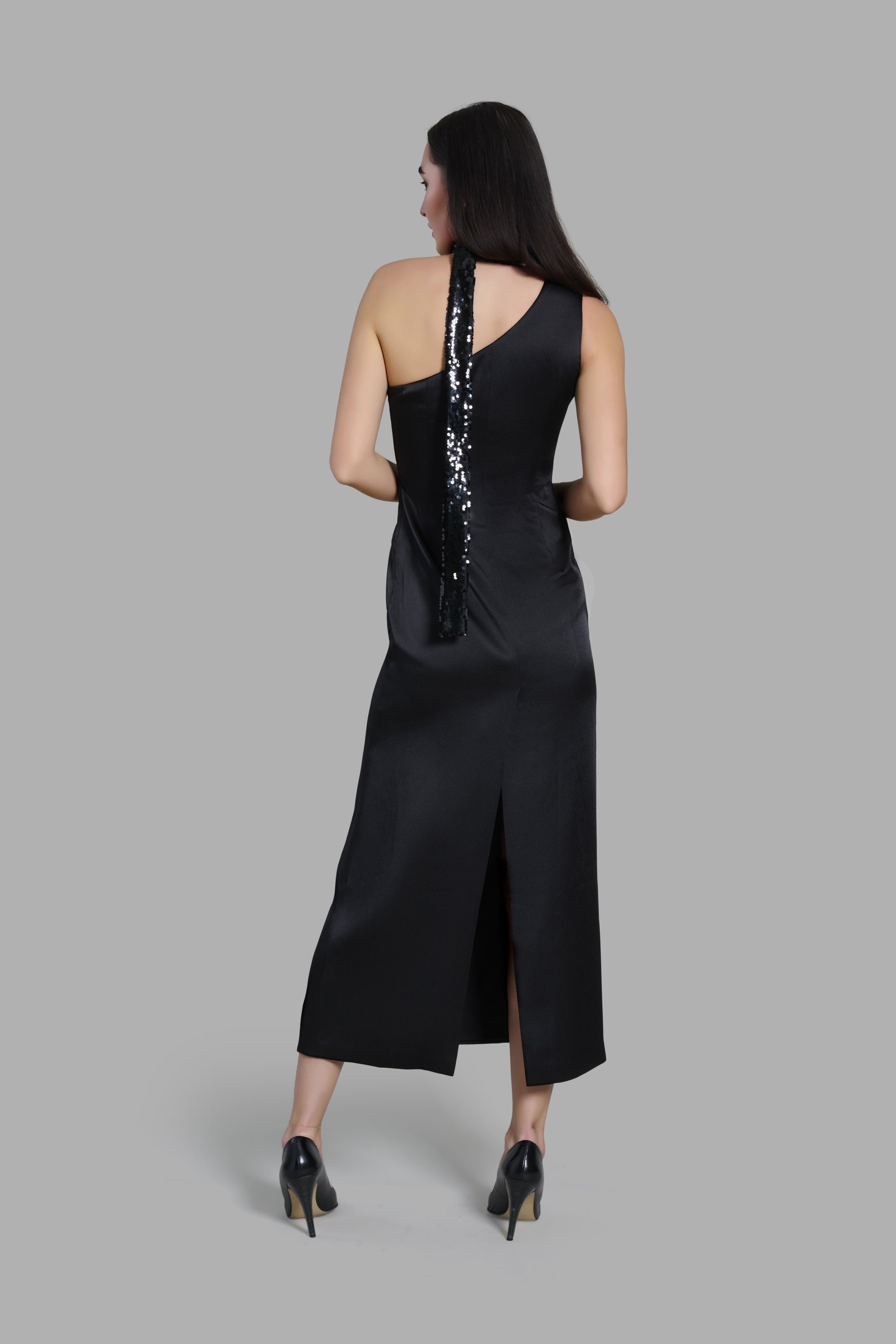 Black One-Shoulder Satin Dress