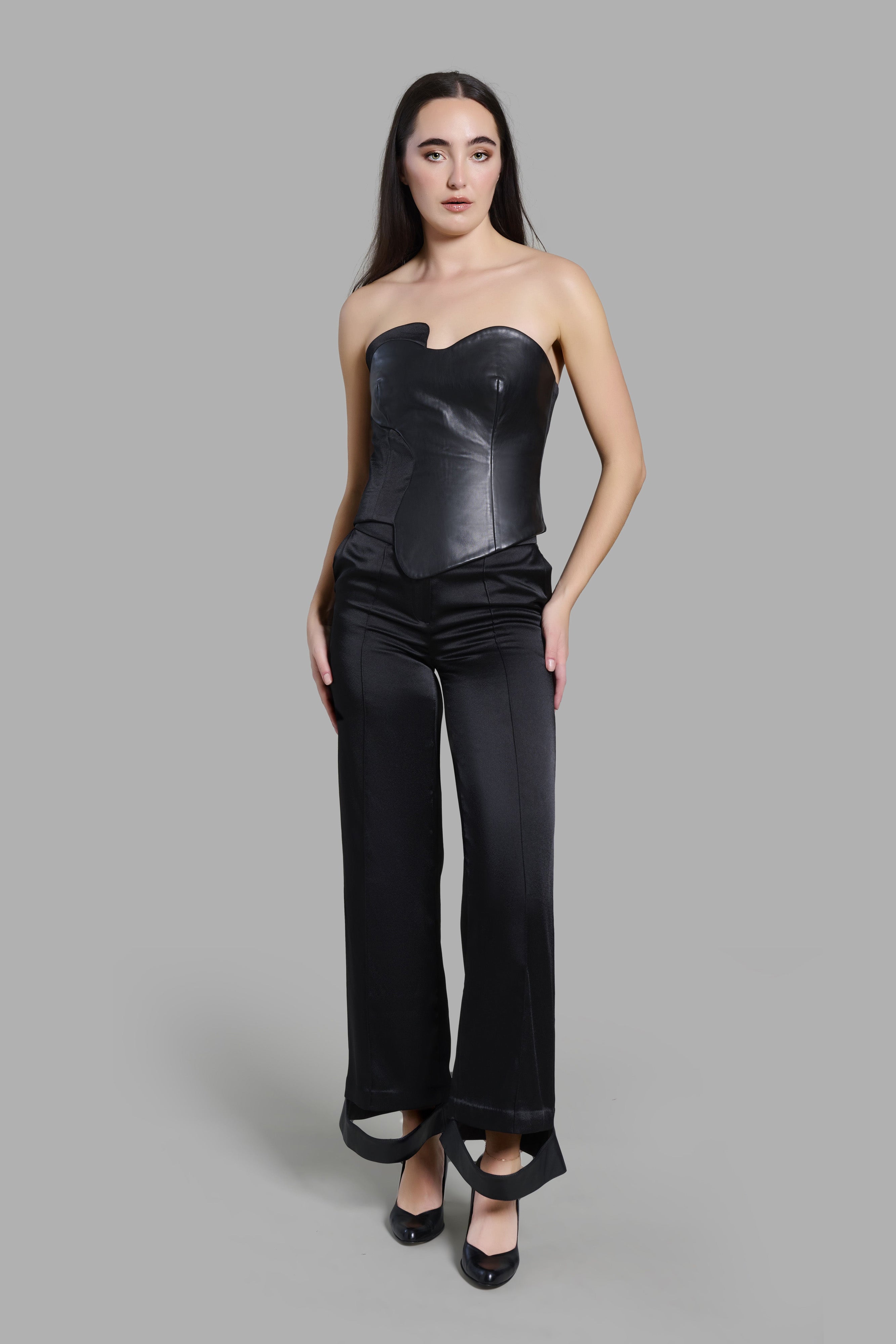 Black Satin Pants with Leather Hems