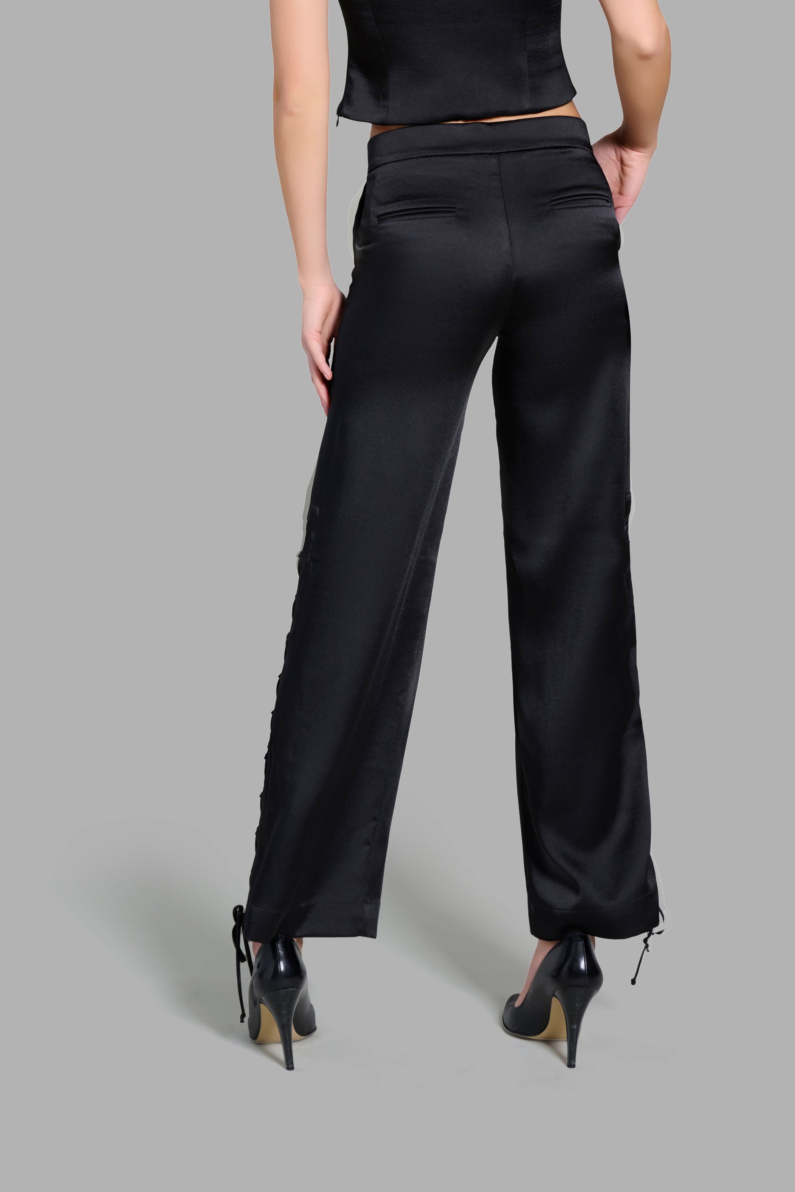 Black Satin Pants with Ribboned Cut