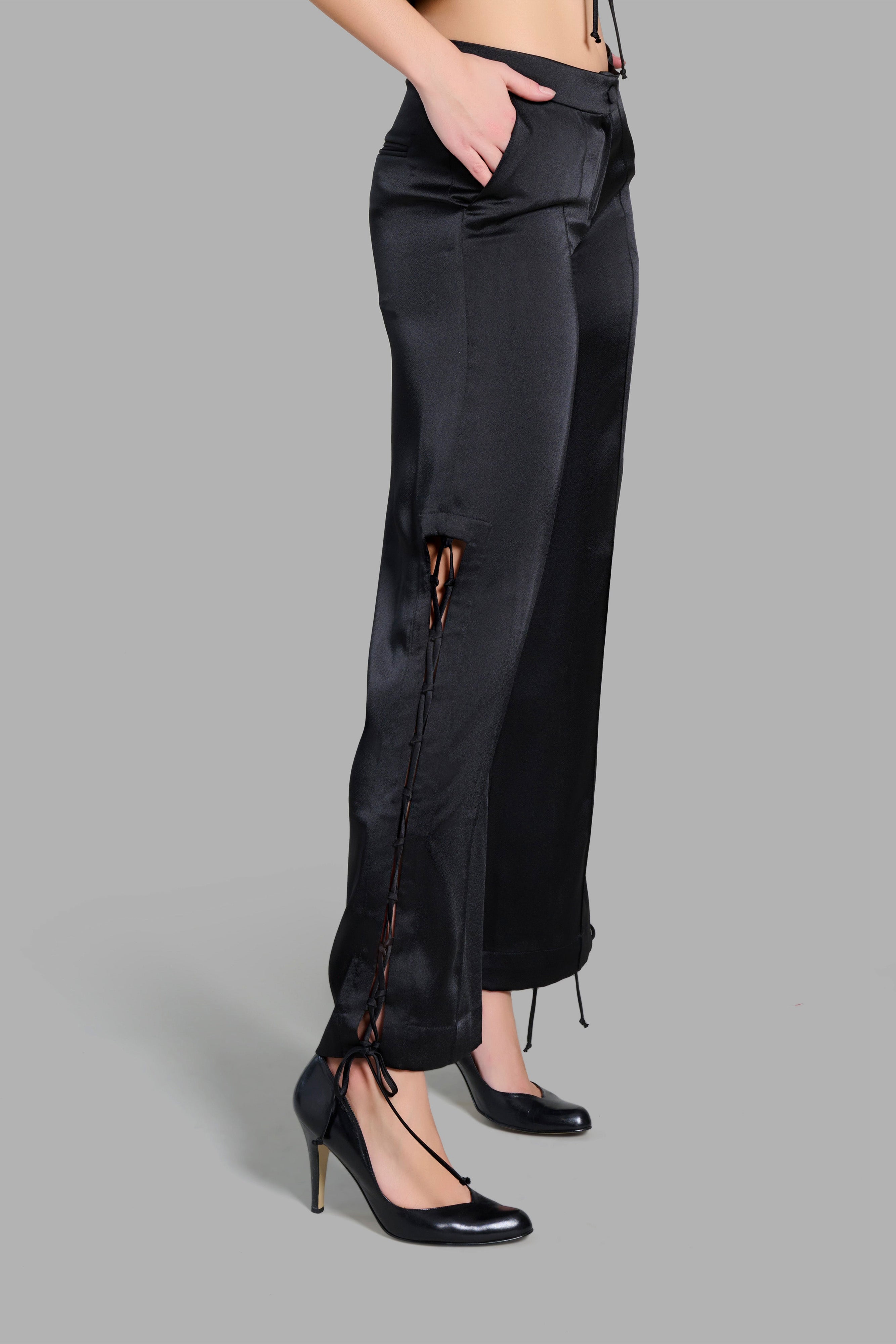 Black Satin Pants with Ribboned Cut