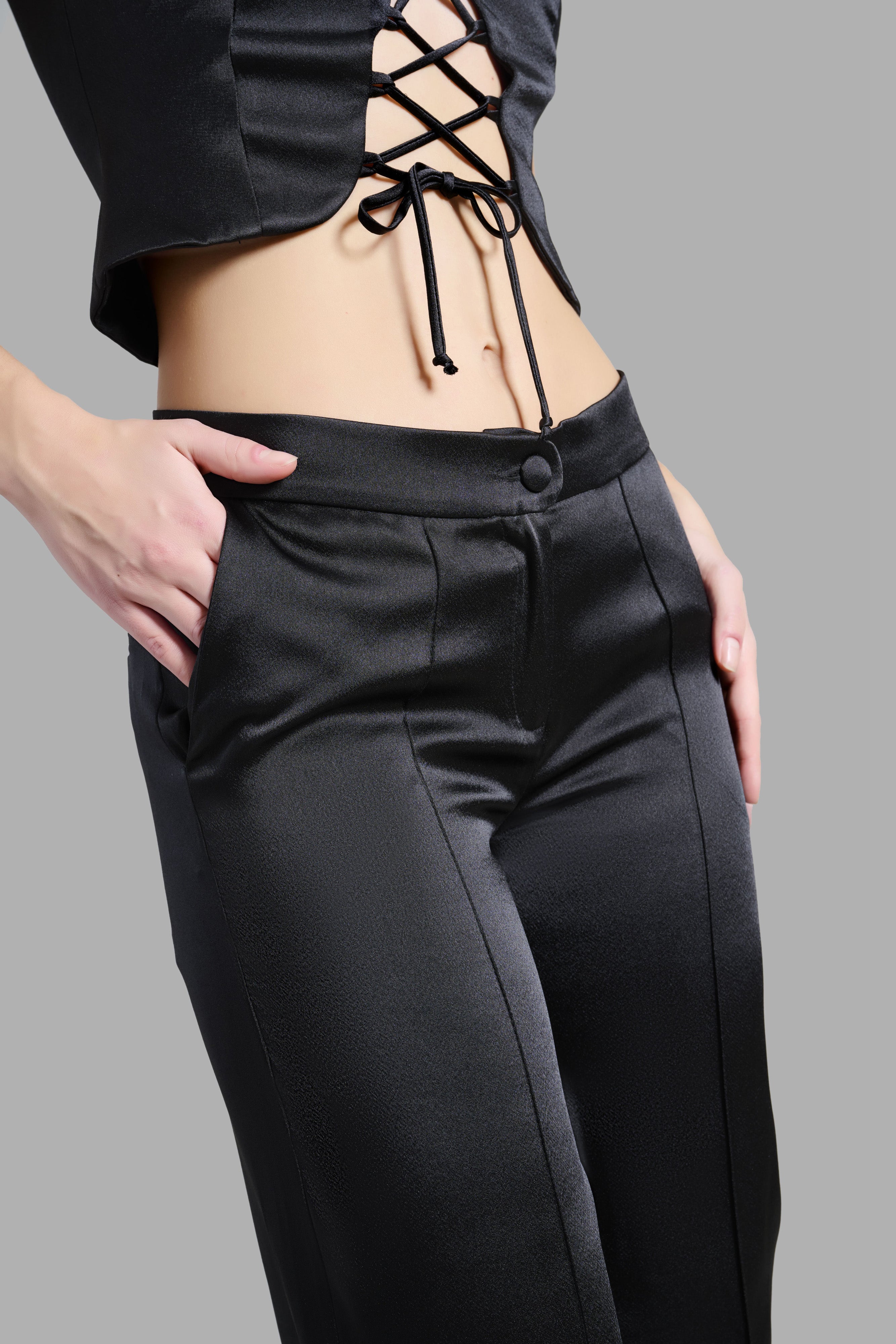 Black Satin Pants with Ribboned Cut