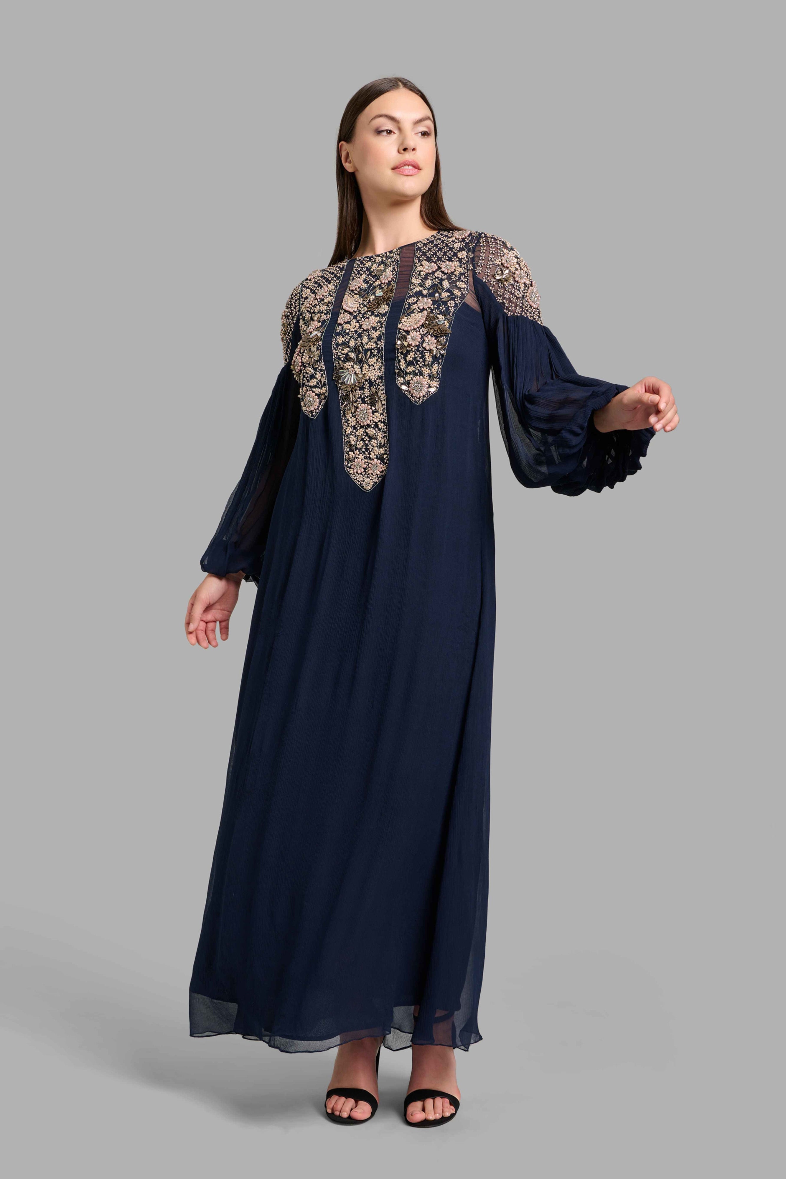 Navy Blue Dress with Puffed Sleeves