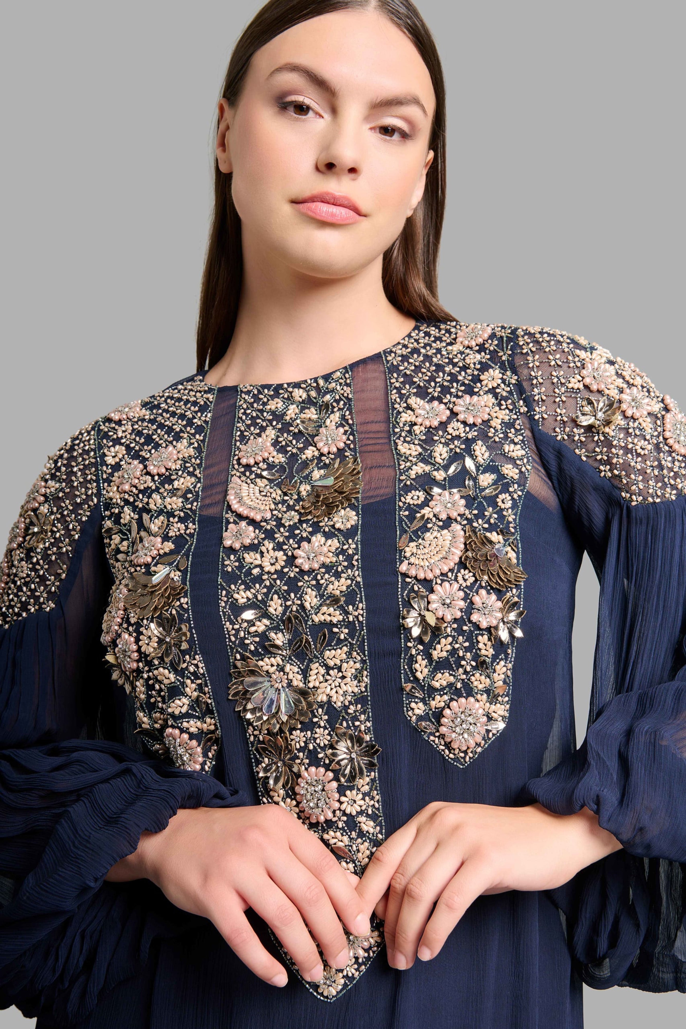 Navy Blue Dress with Puffed Sleeves