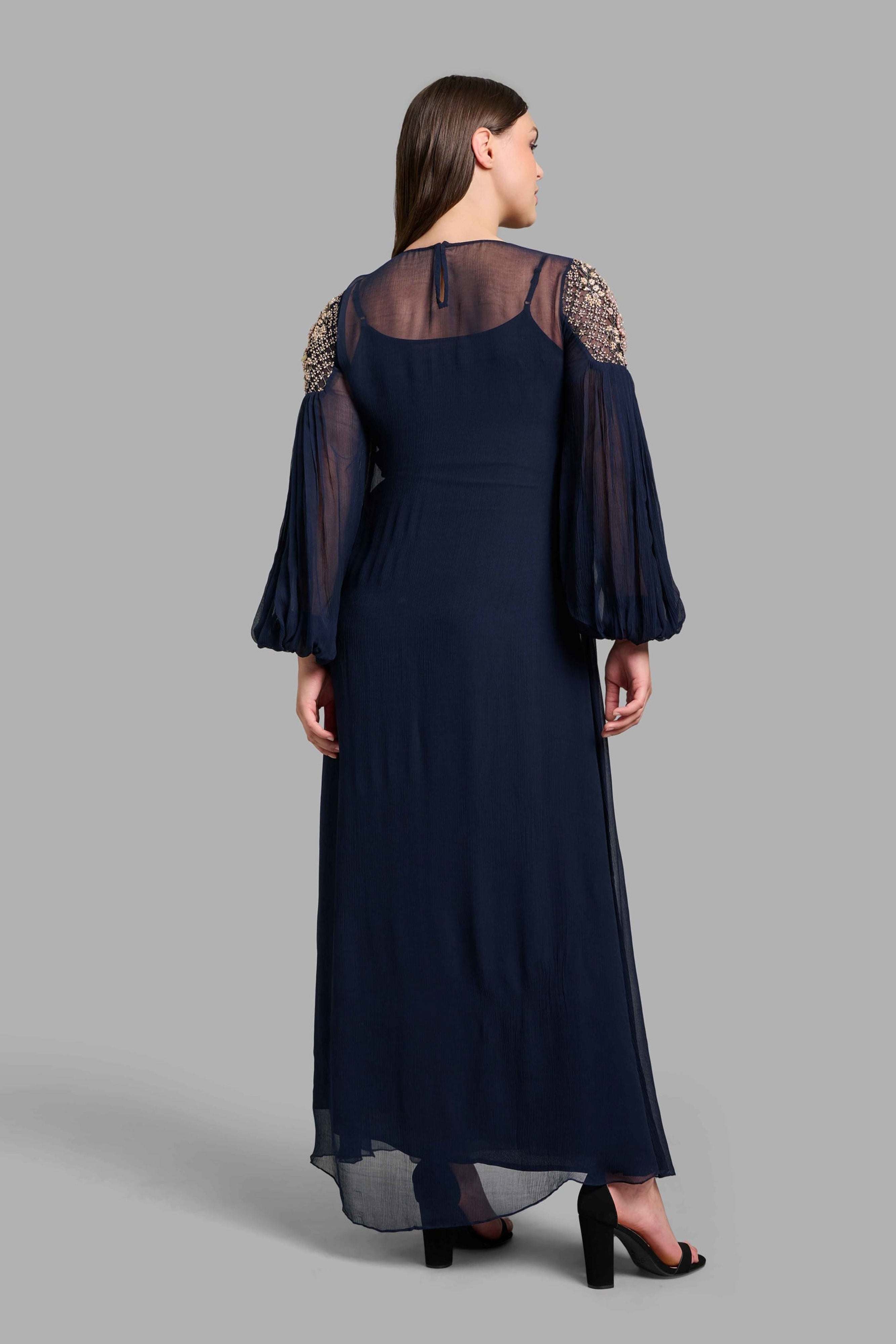 Navy Blue Dress with Puffed Sleeves
