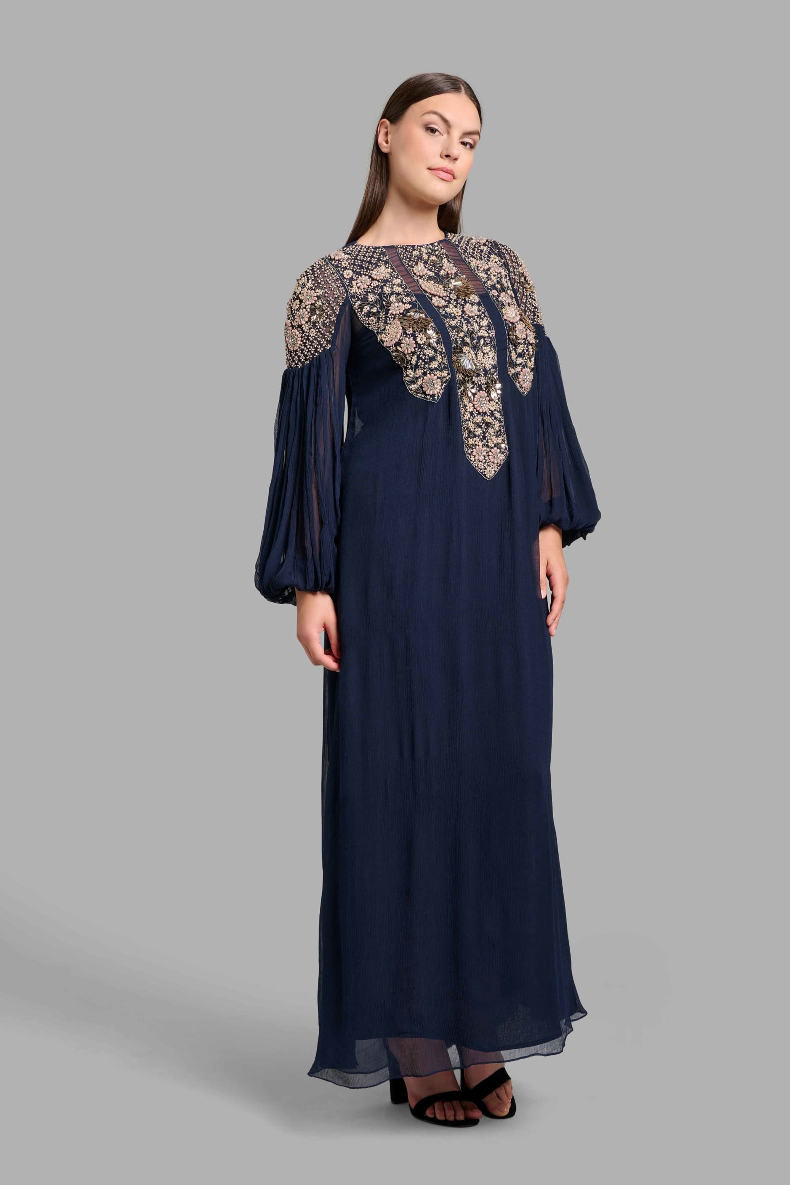 Navy Blue Dress with Puffed Sleeves