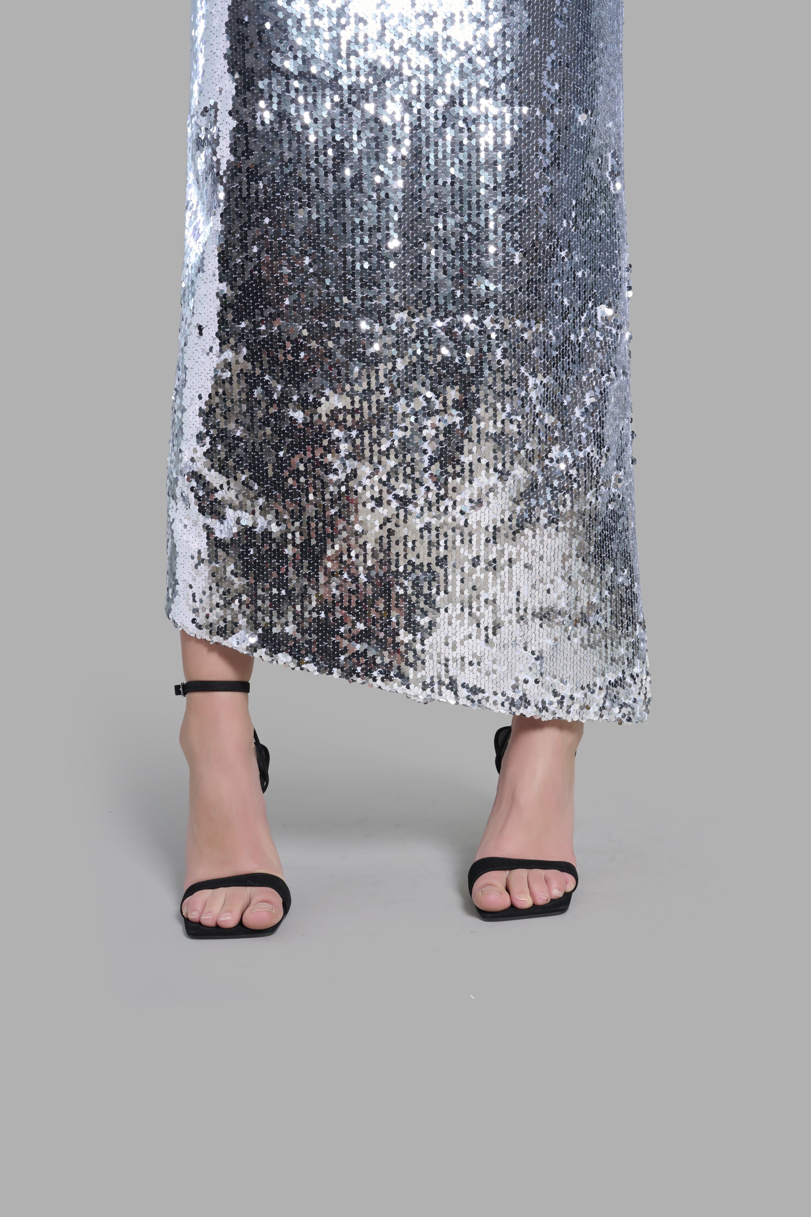 Silver Sequin Diagonal Maxi Skirt