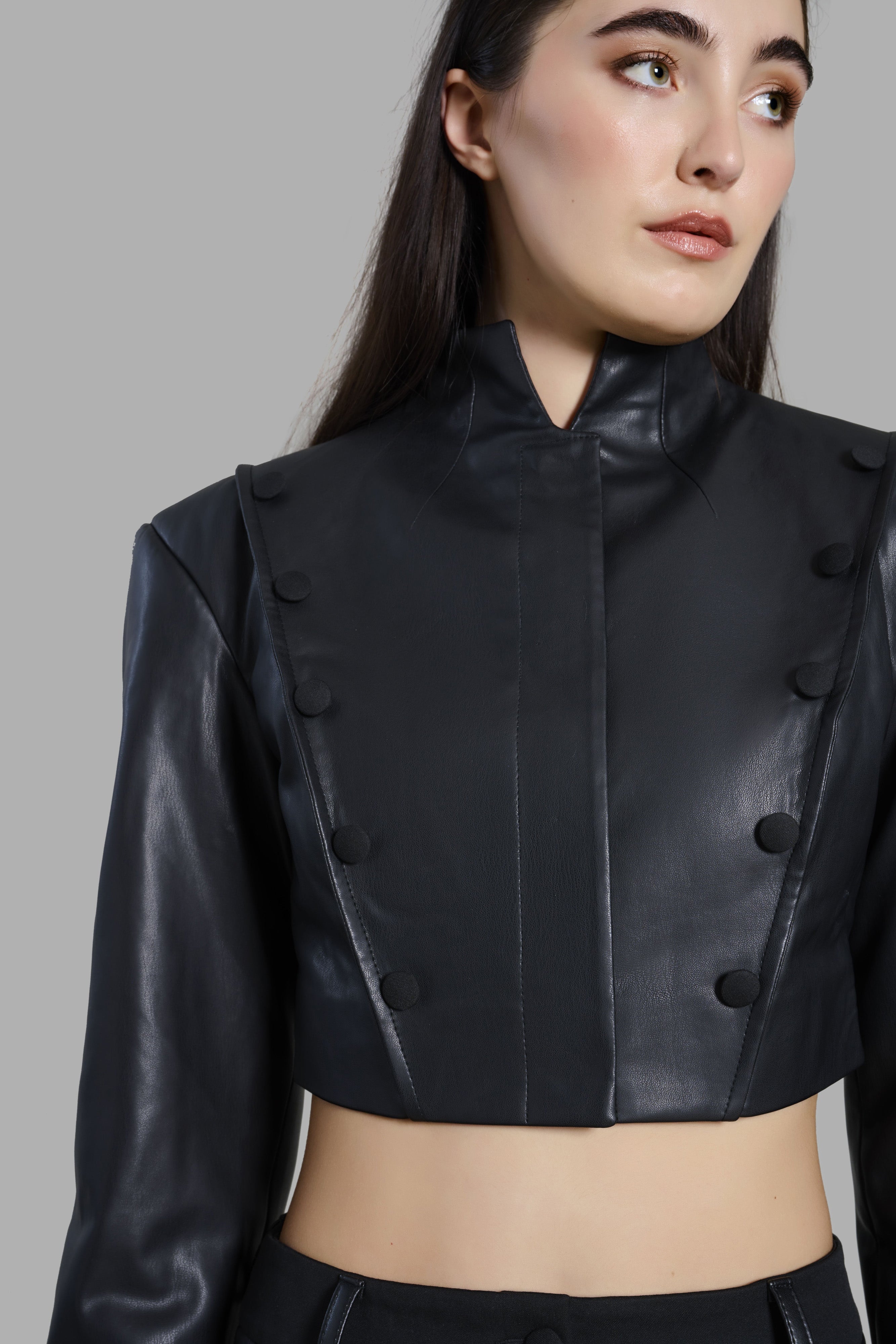 Black Faux Leather High-Neck Cropped Blazer