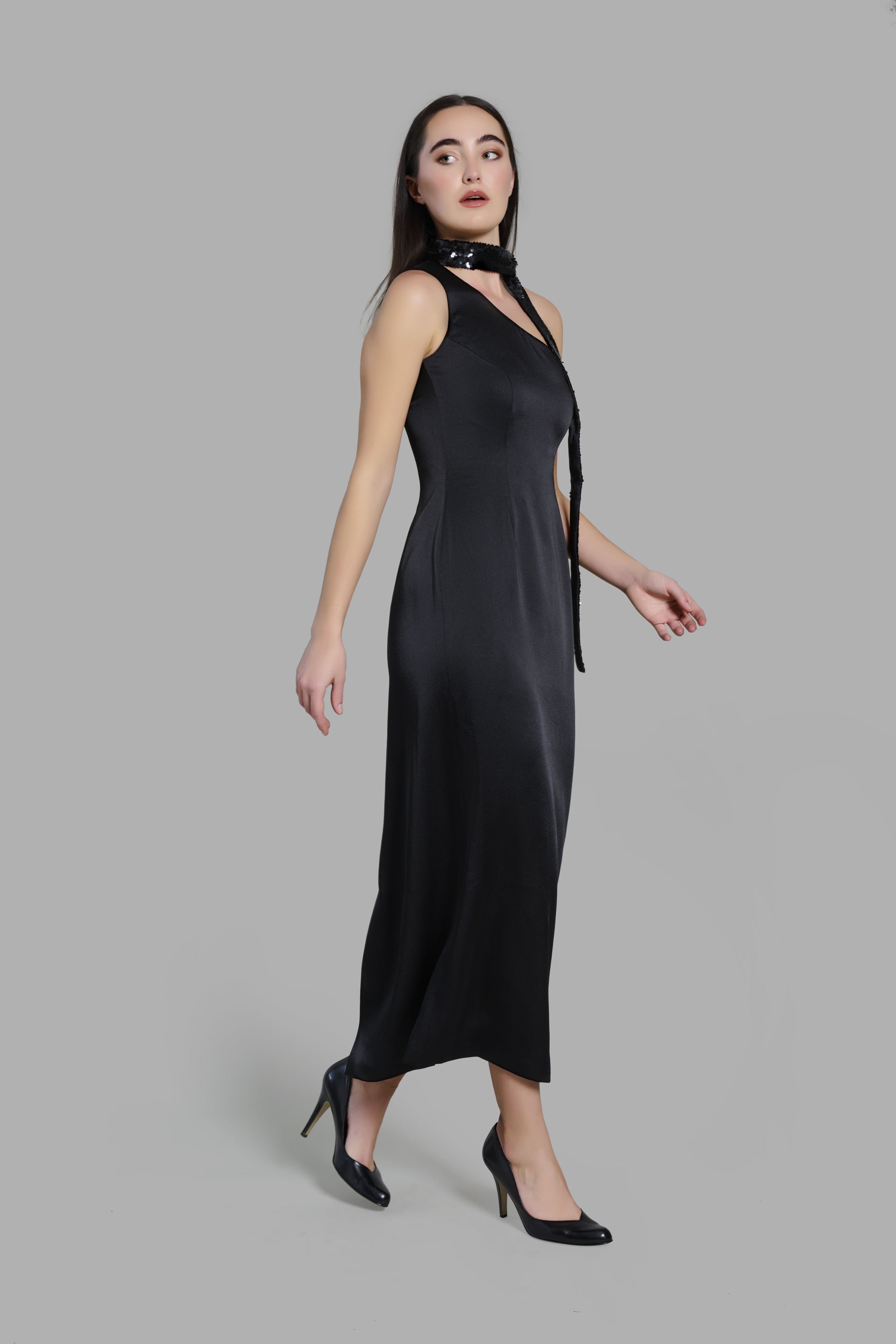 Black One-Shoulder Satin Dress