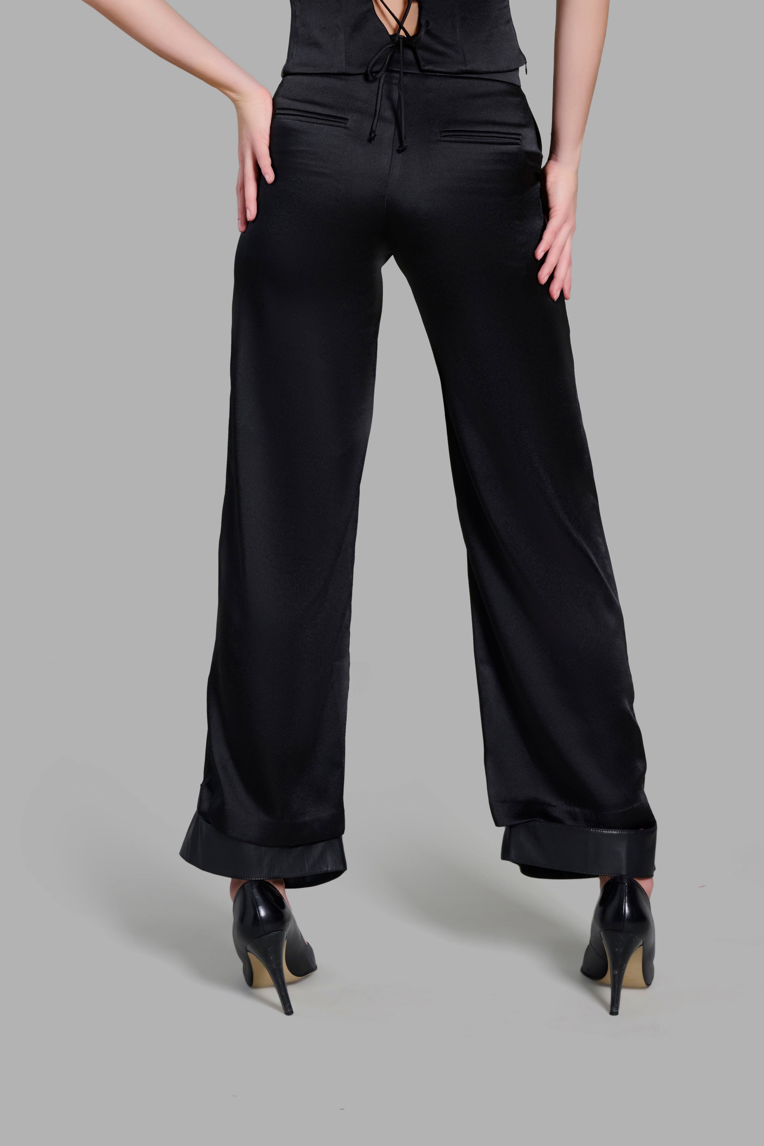 Black Satin Pants with Leather Hems