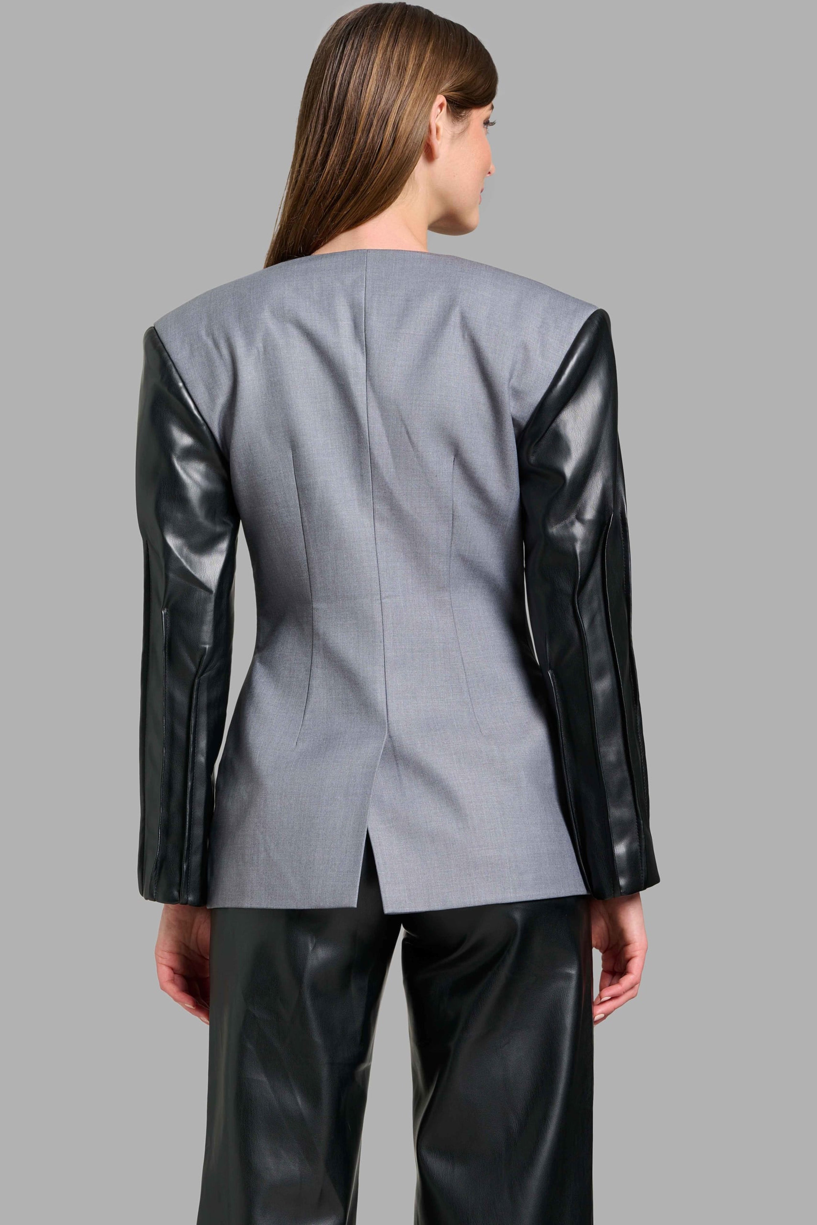 Blazer With Faux Leather Sleeves