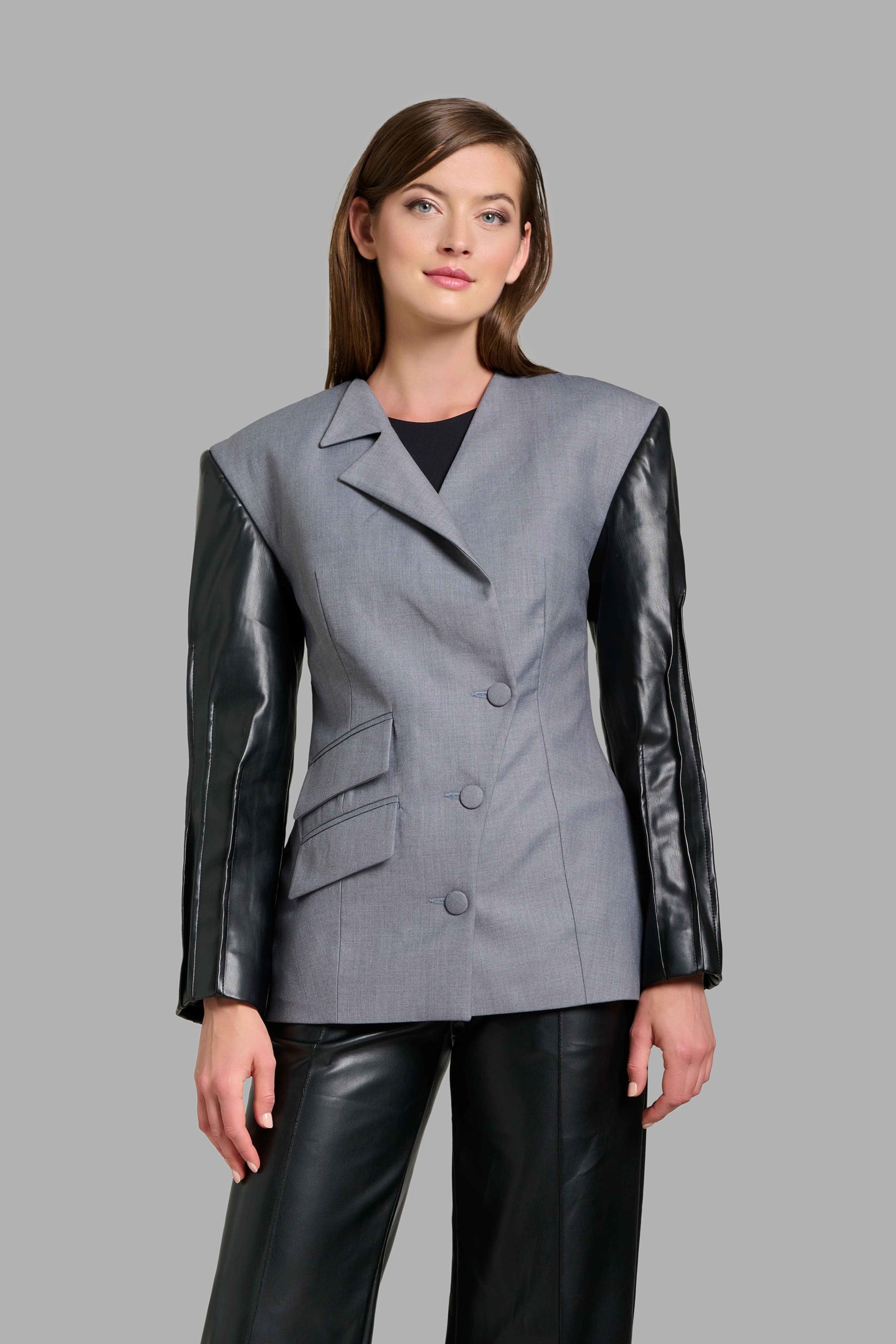 Blazer With Faux Leather Sleeves