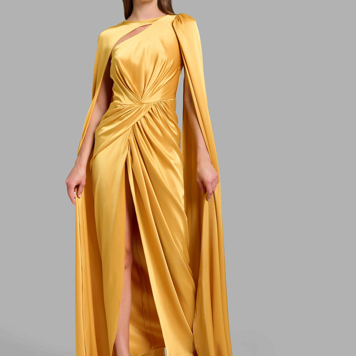 slim fit dress slacks Gold Silk Draped Dress