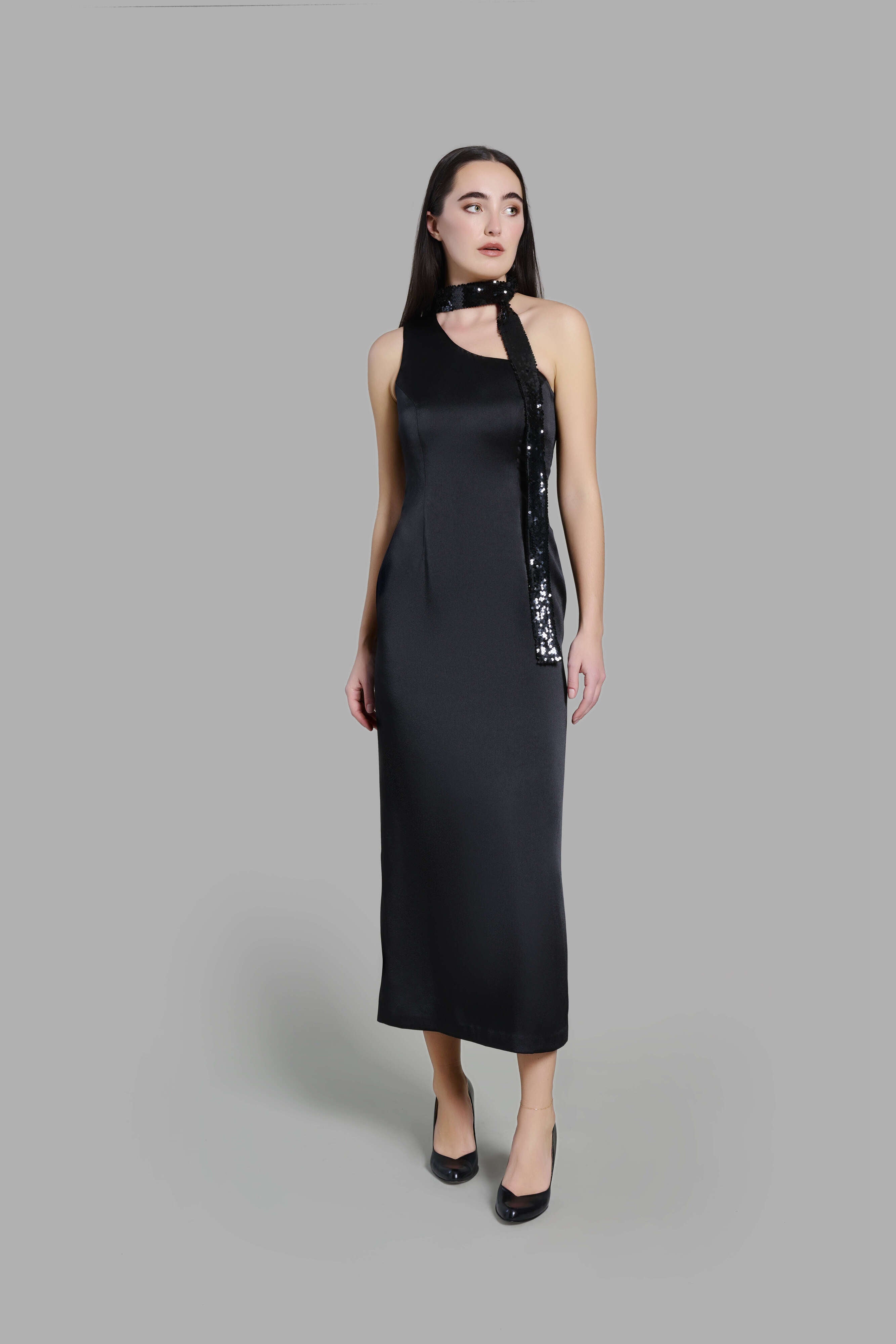 Black One-Shoulder Satin Dress