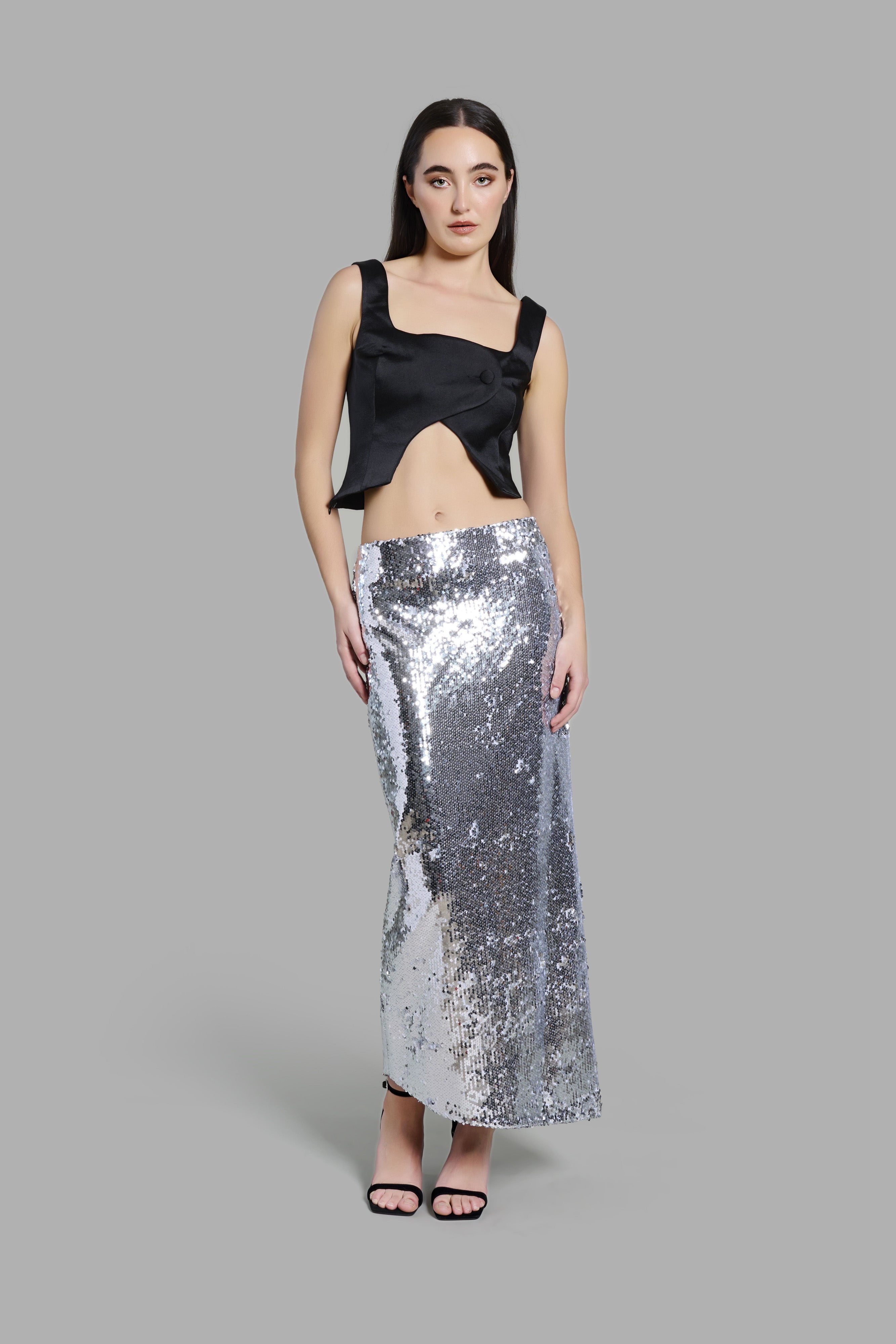 Silver Sequin Diagonal Maxi Skirt
